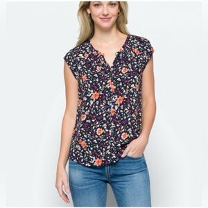 NWT! Daniel Rainn Multicolor Floral Split Neck Cap Sleeve Blouse, Curved Hem